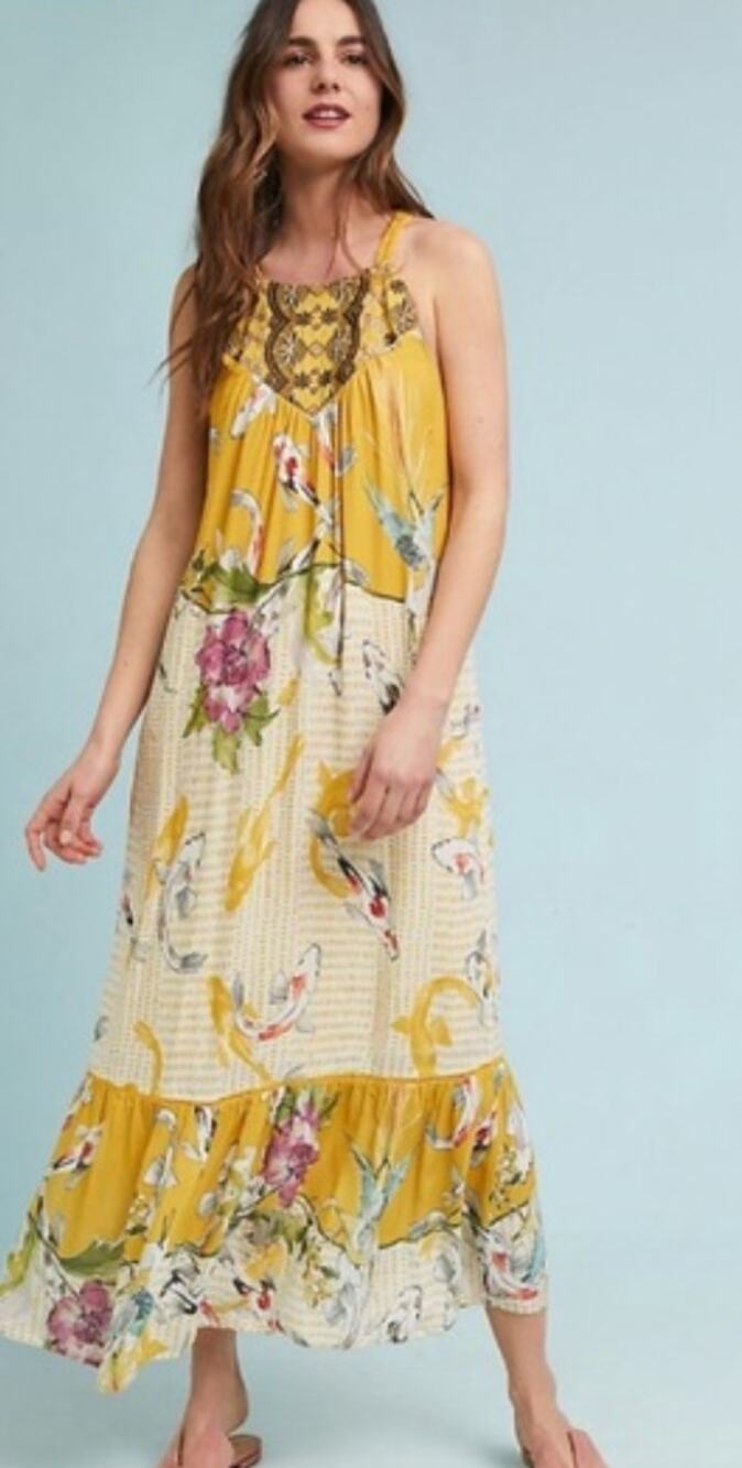 One September by Anthropologie, yellow floral  Koi maxi dress size small
